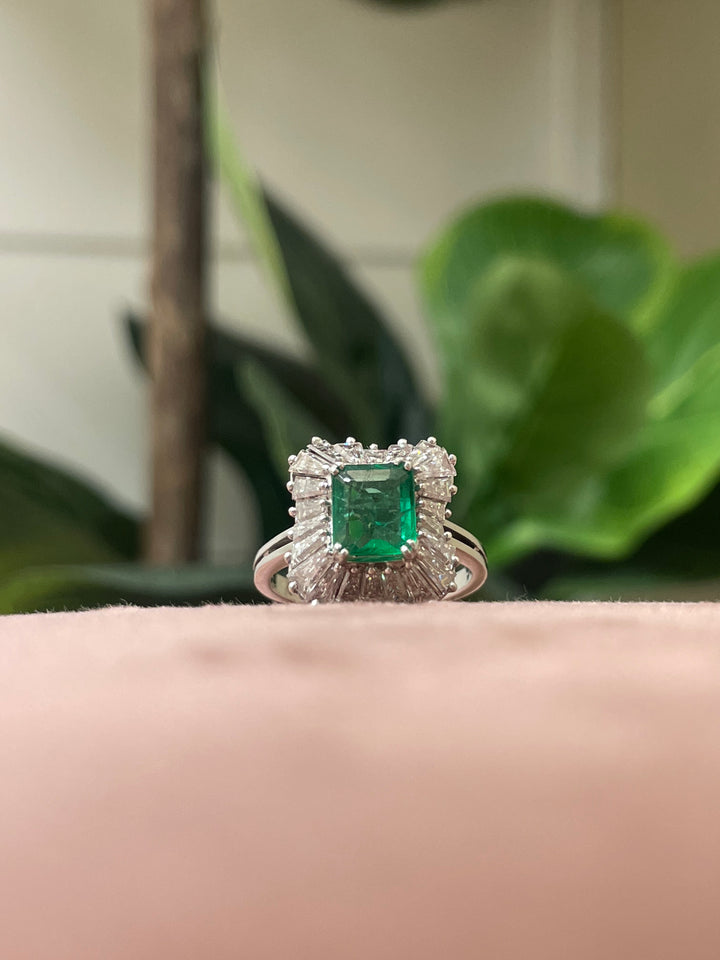 Natural Emerald Gemstone and Diamond Platinum Ring
