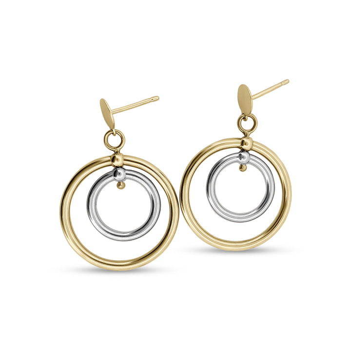 14k yellow and white gold dangle circle earrings with post and push back