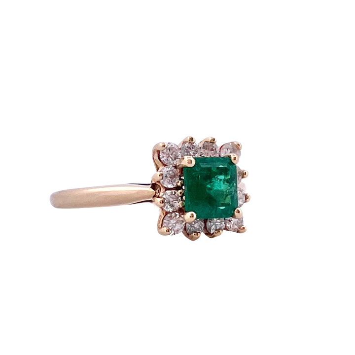 Natural Emerald Gemstone and Diamond Halo 18k Yellow Gold Ring