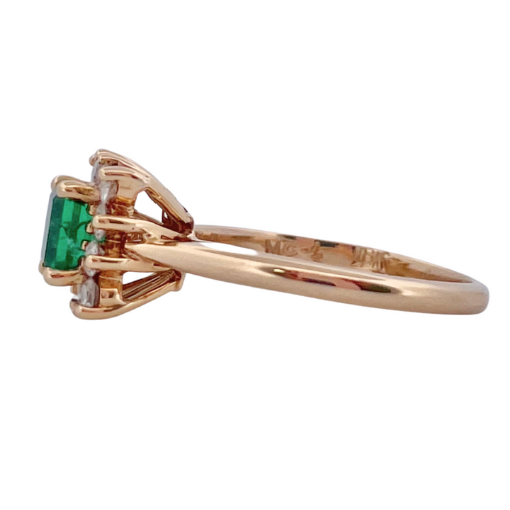 Natural Emerald Gemstone and Diamond Halo 18k Yellow Gold Ring