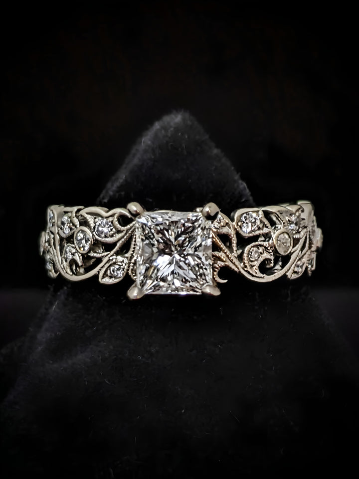 floral and leaf princess cut diamond ring