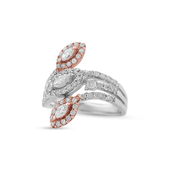 Elegant 18K White & Rose Gold Diamond Leaf Fashion Ring: 1.22 Carat Sparkling Brilliance
