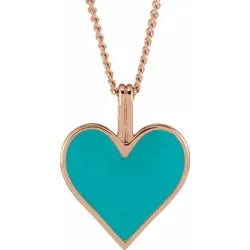 Turquoise Colored Enamel Heart Necklace 14k Gold