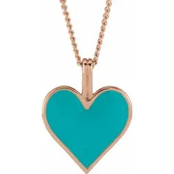 Turquoise Colored Enamel Heart Necklace in 14k Gold