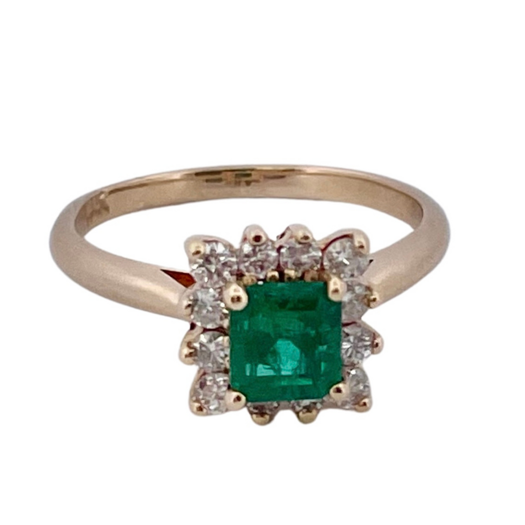 Natural Emerald Gemstone and Diamond Halo 18k Yellow Gold Ring