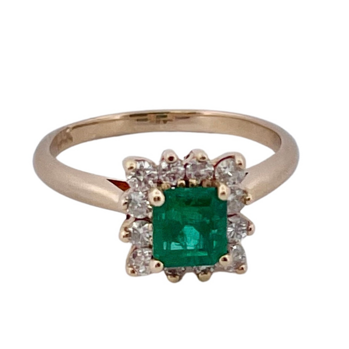 Natural Emerald Gemstone and Diamond Halo 18k Yellow Gold Ring