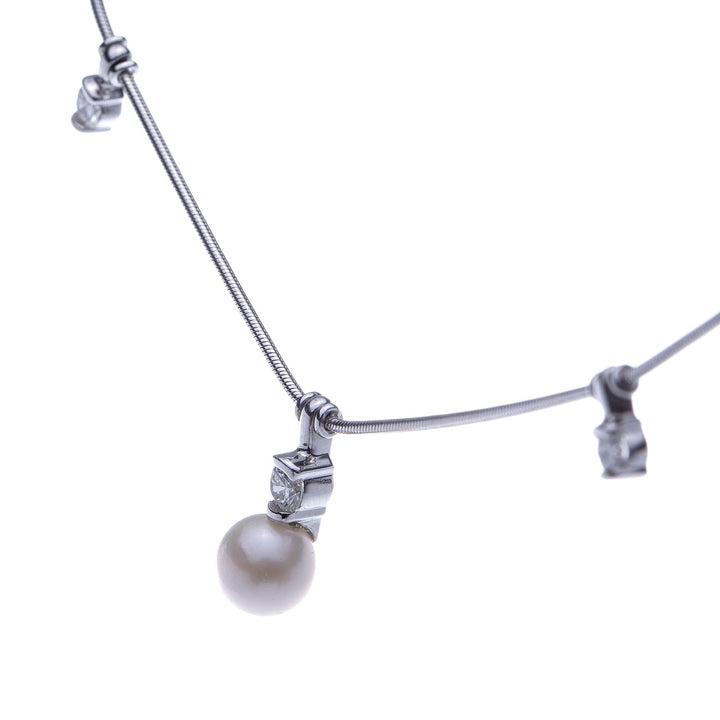 Diamond and Cultured Pearl Station Necklace in 18k White Gold by Jose Hess
