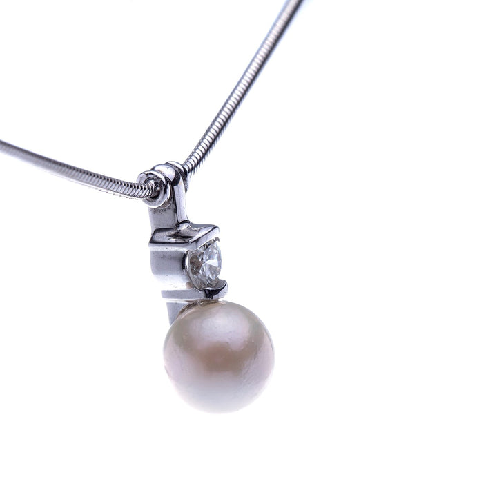 Diamond and Cultured Pearl Station Necklace in 18k White Gold by Jose Hess