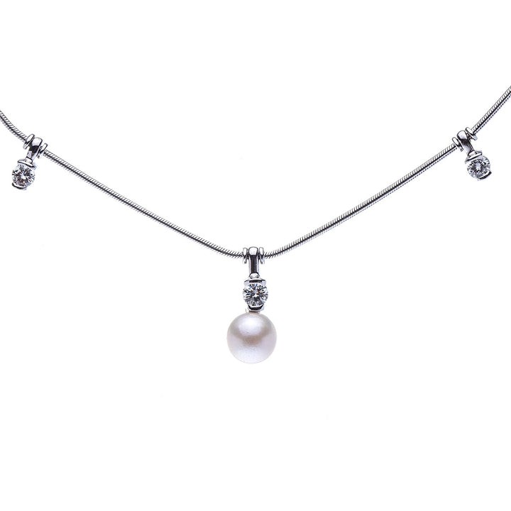 Diamond and Cultured Pearl Station Necklace in 18k White Gold by Jose Hess