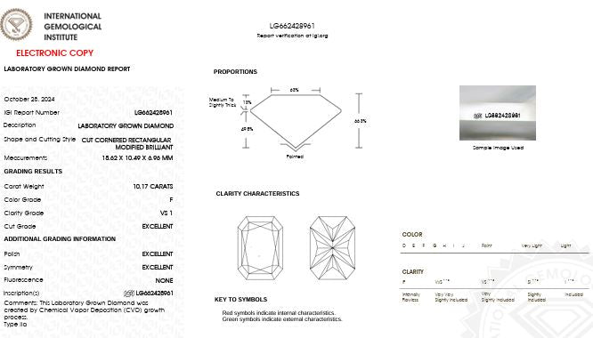 Loose IGI Graded 10.17ct Radiant Cut Lab-Grown Diamond, F Color, VS1 Clarity