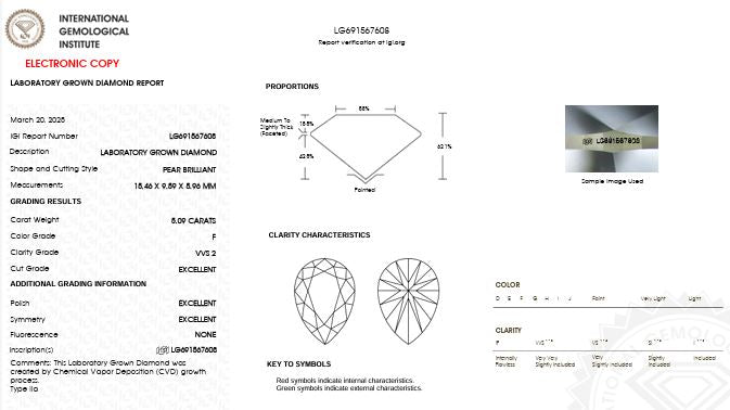 Loose IGI Graded 5.09ct Pear Lab-Grown Diamond, F Color, VVS2 Clarity