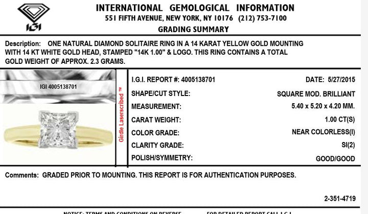 IGI Graded 1.00ct Princess Cut Natural Diamond Solitaire Engagement Ring in 14k Two-tone Gold