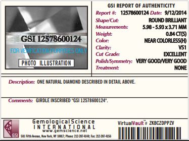 GSI diamond authentication report with detailed information about a diamond.