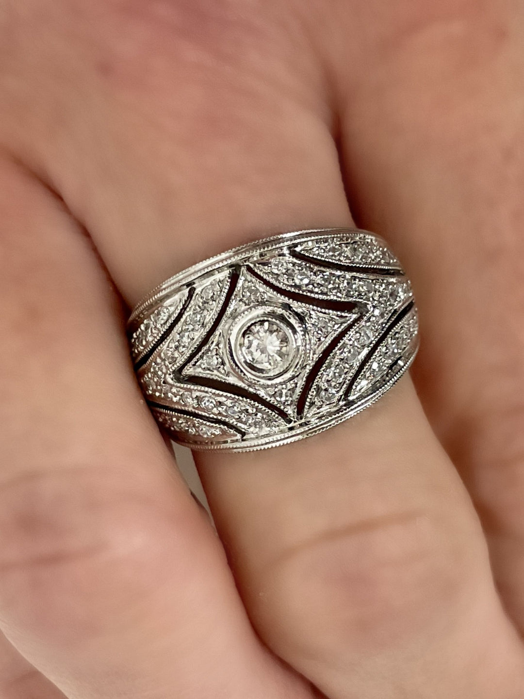 14K White Gold Vintage-Inspired Natural Diamond Ring - on finger