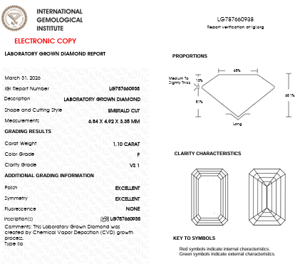 IGI Graded 1.10ct Emerald Cut Lab-Grown Diamond East-West Solitaire Pendant Necklace in 14k Yellow Gold IGI Lab Report