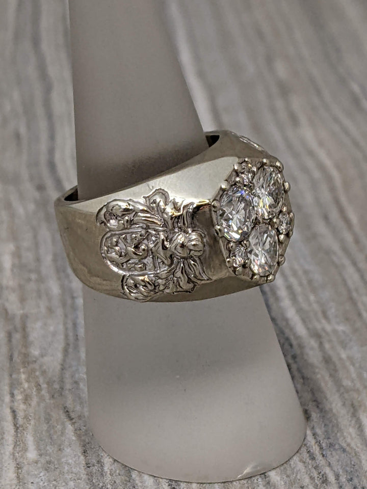 14k white gold and diamond pinky ring with coat of arms design - Elite Fine Jewelers