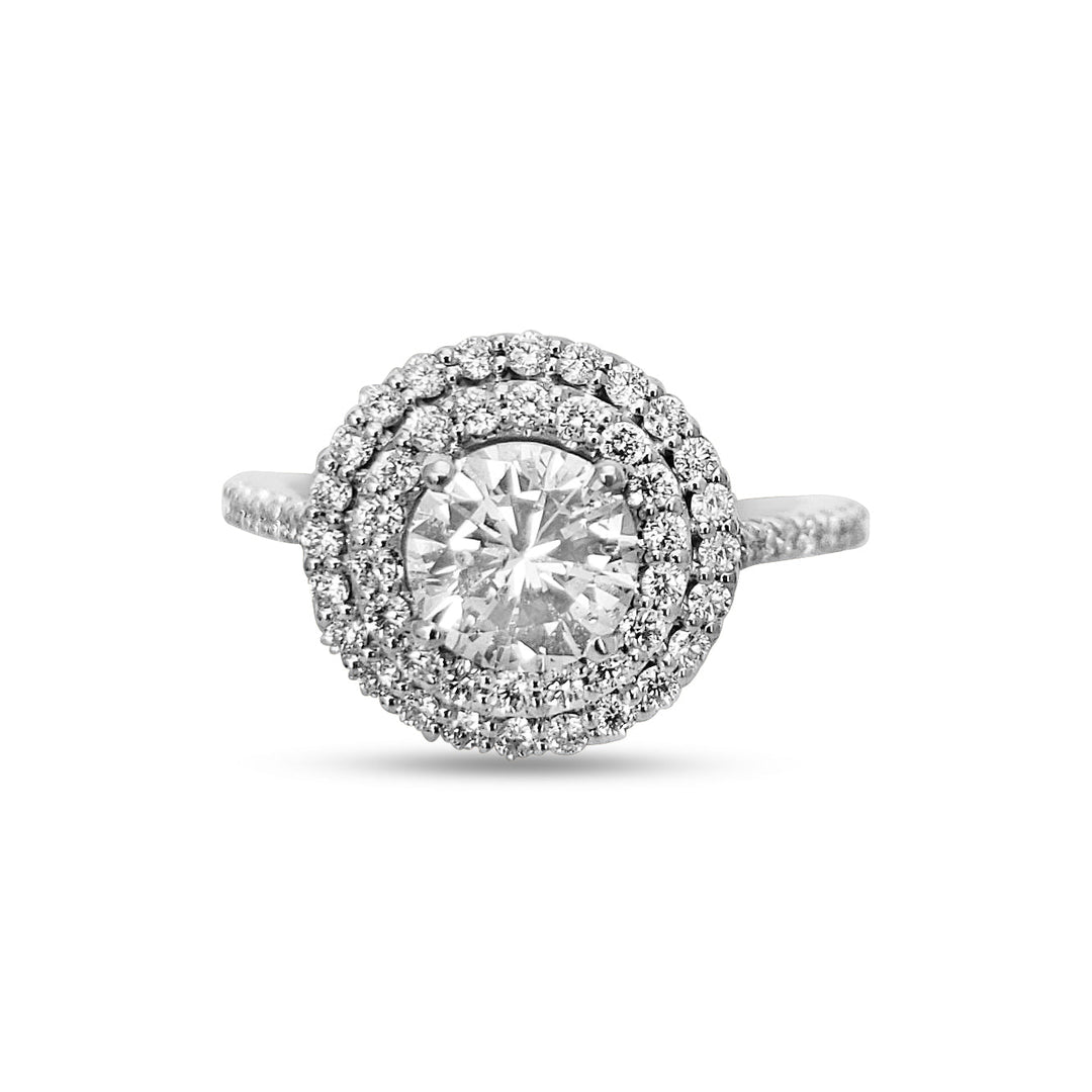 18k white gold, double halo diamond engagement ring with 1.00 ct center. - Elite Fine Jewelers