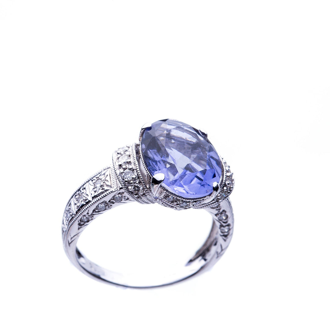 Iolite 2.51 Carat Oval and Diamond Ring 18K White Gold