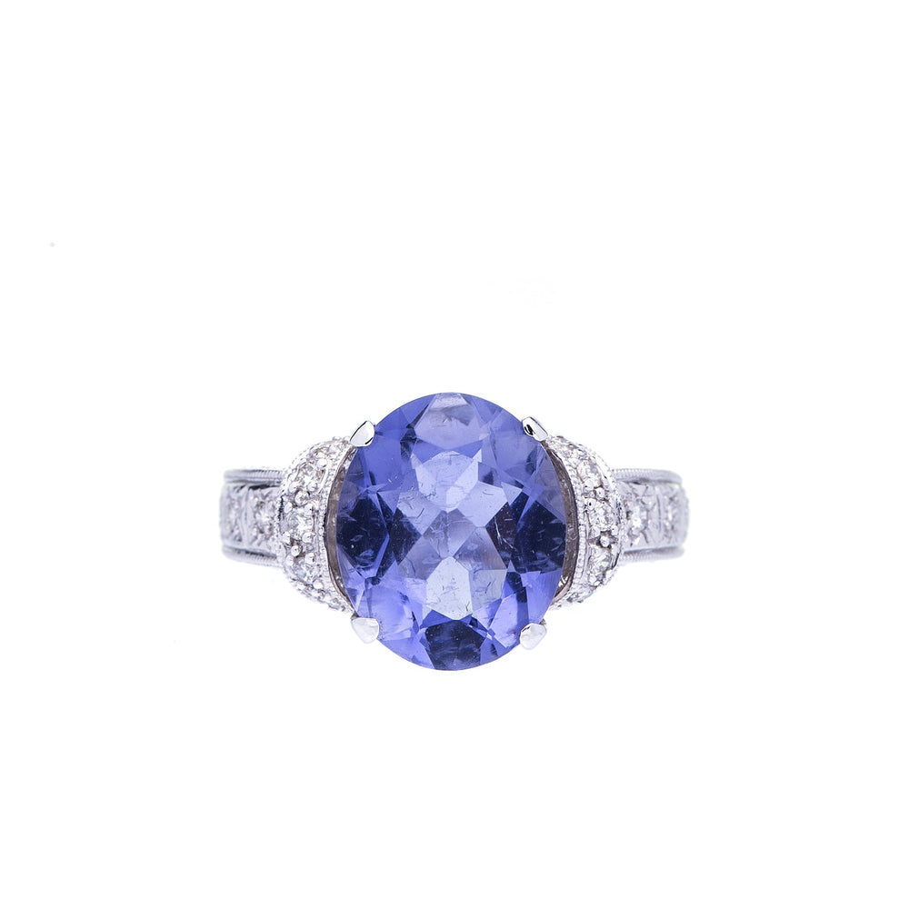 2.51 Carat Oval Iolite and Diamond Ring 18K White Gold