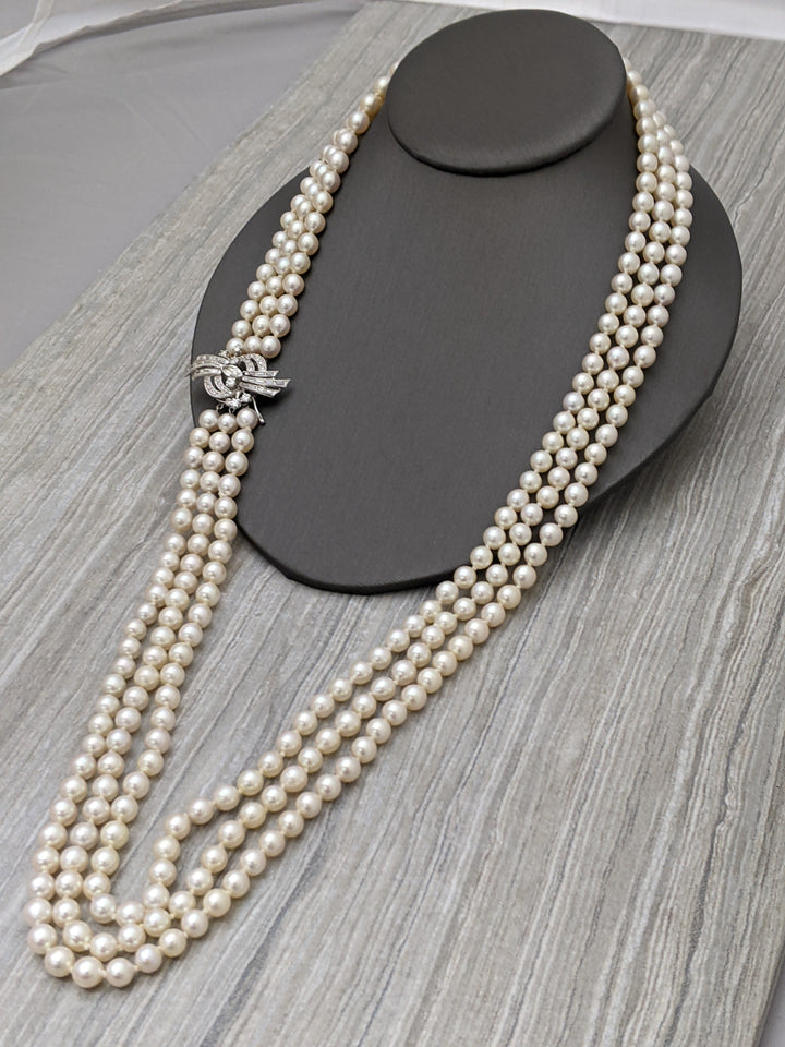 3 Strand Pearl Necklace with Diamond Clasp 30"