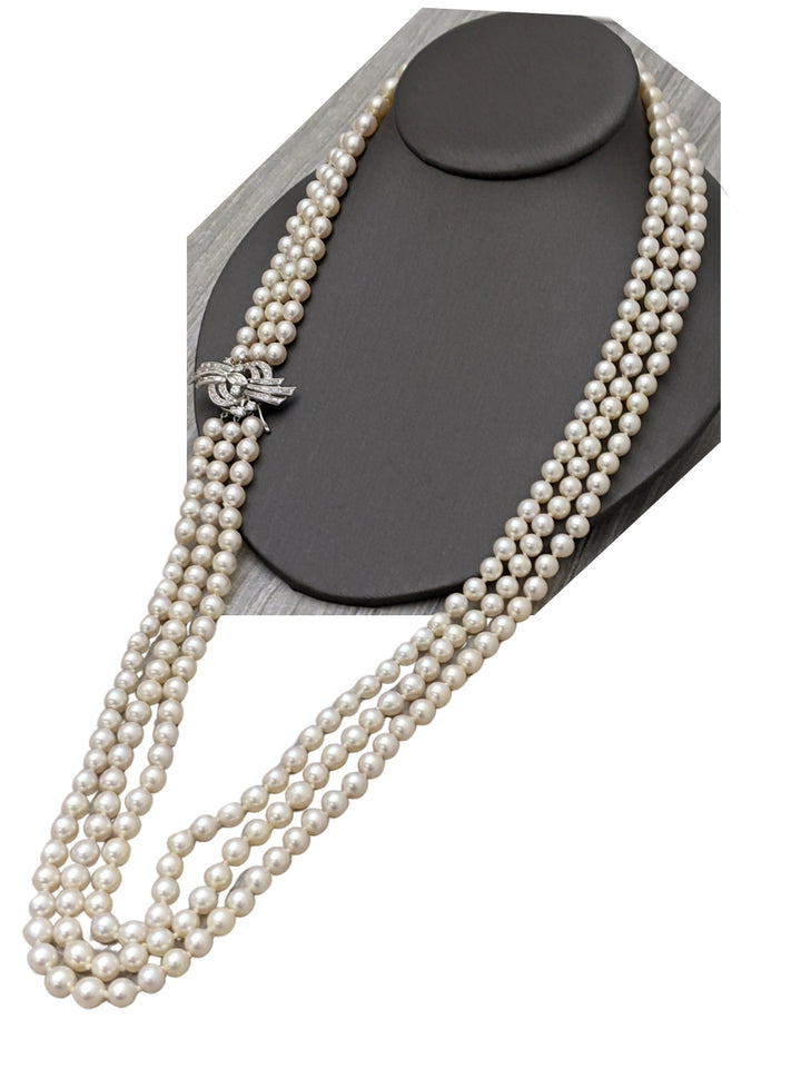 30" three strand pearl with white gold and diamond clasp - Elite Fine Jewelers