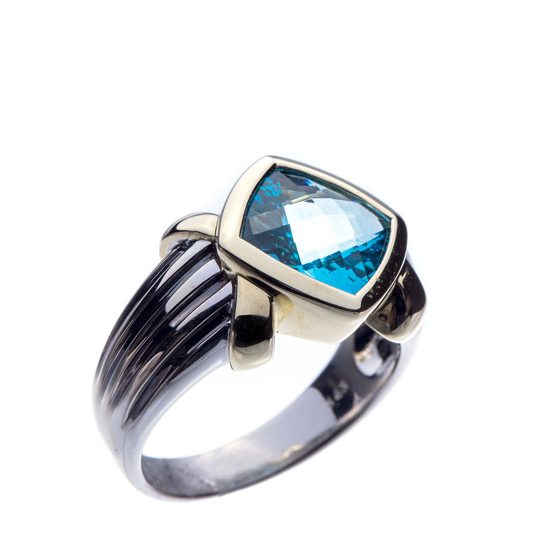 3.51CT BLUE TOPAZ 14K TWO TONE FASHION RING Blue Topaz Faceted Cabochon thicker metal band