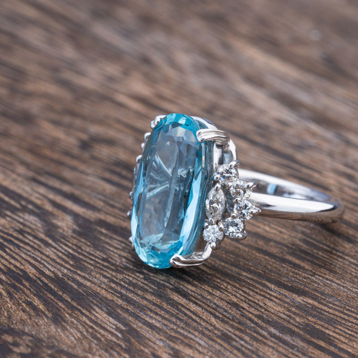 5.50 Carat Aquamarine 14k Ring white gold ring, with round and marquise accent diamond - Elite Fine Jewelers