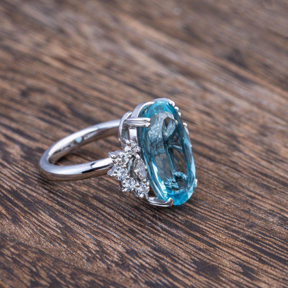 5.50 Carat Aquamarine 14k Ring white gold ring, with round and marquise accent diamond - Elite Fine Jewelers