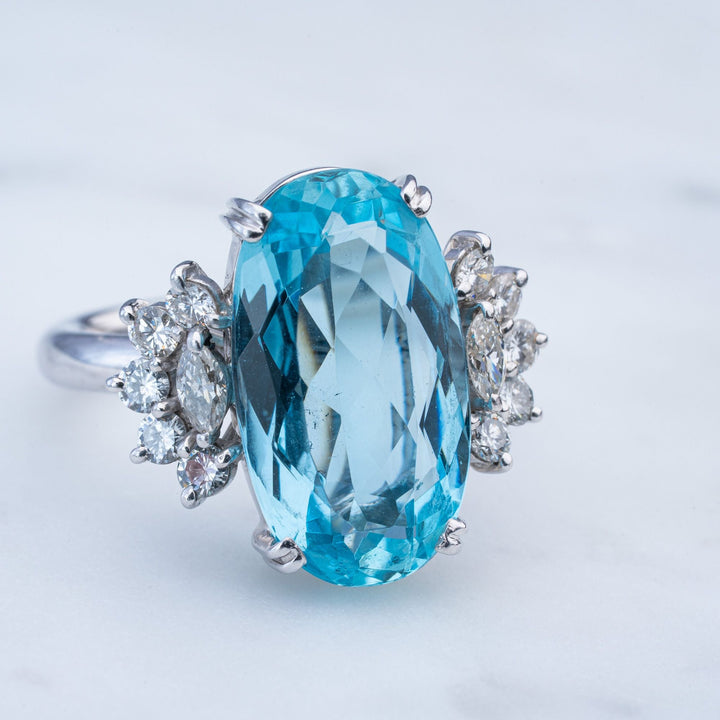 5.50 Carat Aquamarine 14k Ring white gold ring, with round and marquise accent diamond - Elite Fine Jewelers
