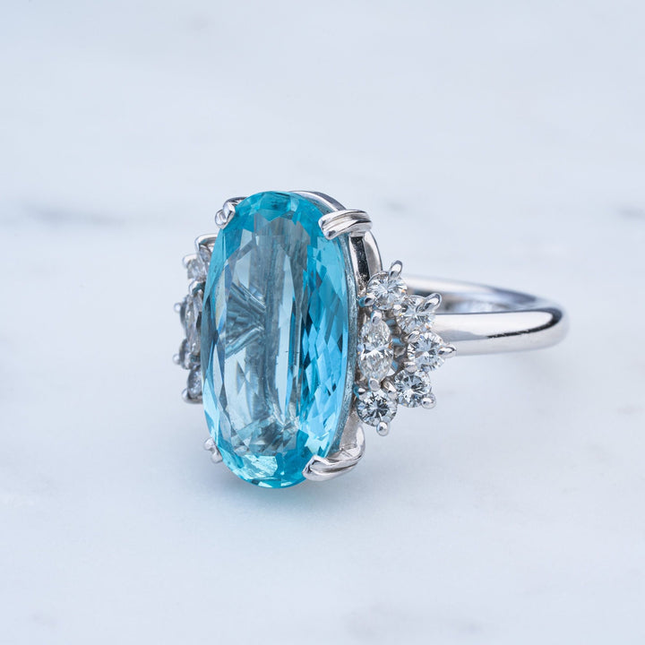 5.50 Carat Aquamarine 14k Ring white gold ring, with round and marquise accent diamond - Elite Fine Jewelers
