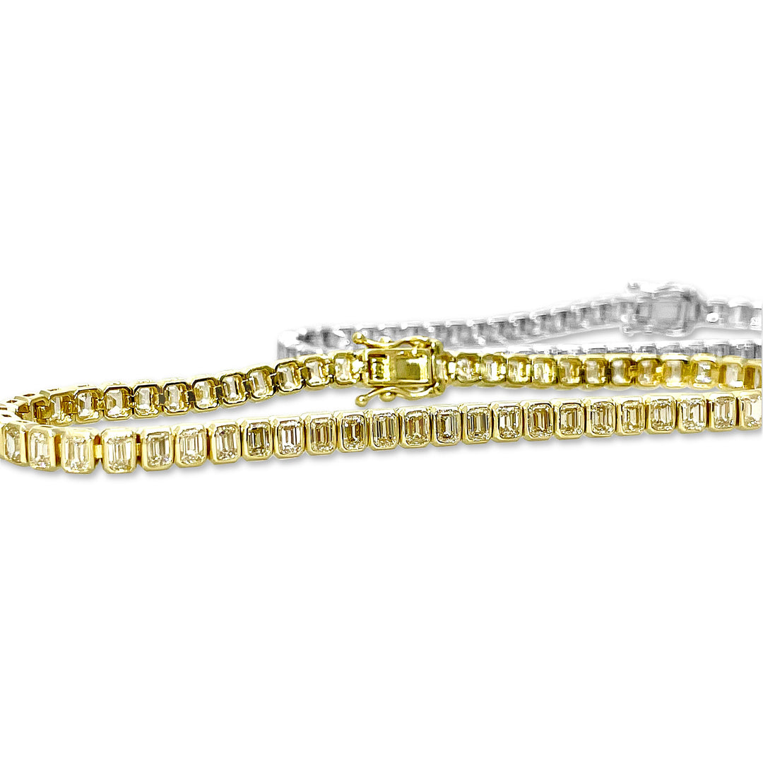 6 Carat Total Weight Emerald Cut Diamond Bezel Gold Tennis Bracelet - Elite Fine Jewelers