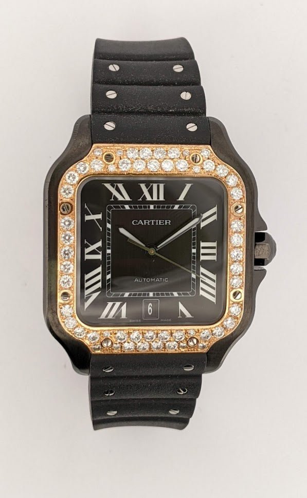Cartier Santos, black case and silicone band with yellow gold and diamond bezel. - Elite Fine Jewelers