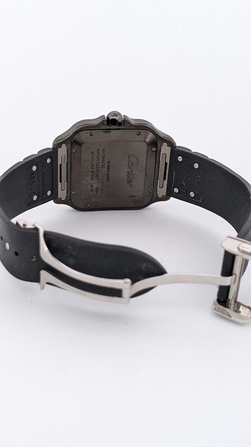 Cartier Santos, black case and silicone band with yellow gold and diamond bezel. - Elite Fine Jewelers