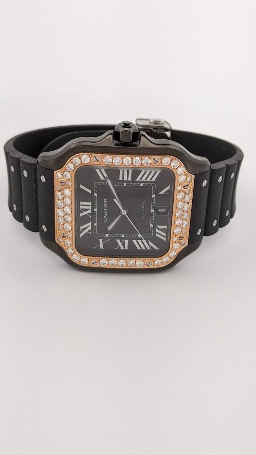 Cartier Santos, black case and silicone band with yellow gold and diamond bezel. - Elite Fine Jewelers