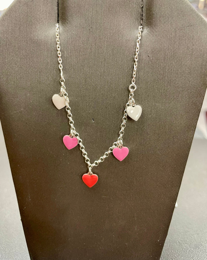 Children Heart Necklace with Pink Red and White Hearts Sterling Silver