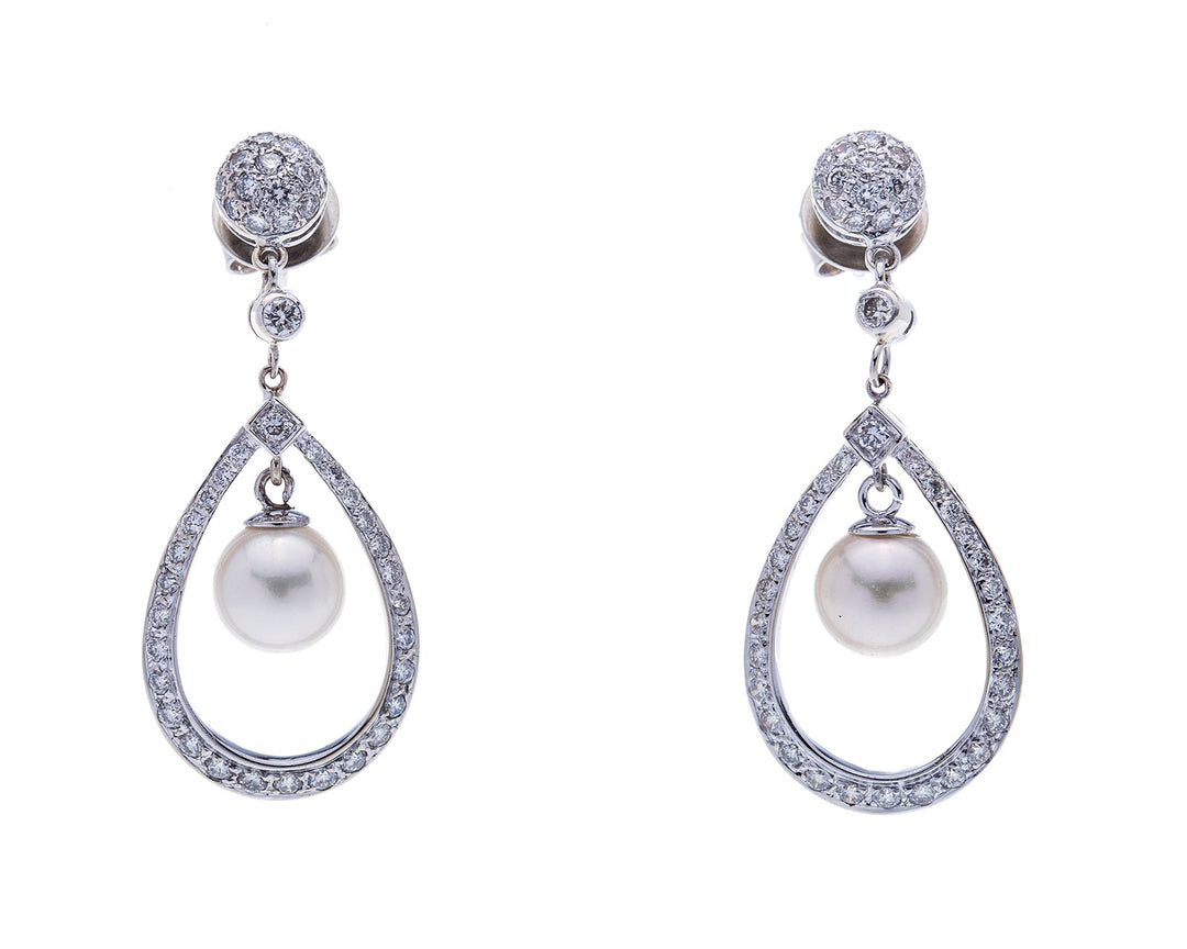 Diamond Hoop Earrings with Pearl Dangle