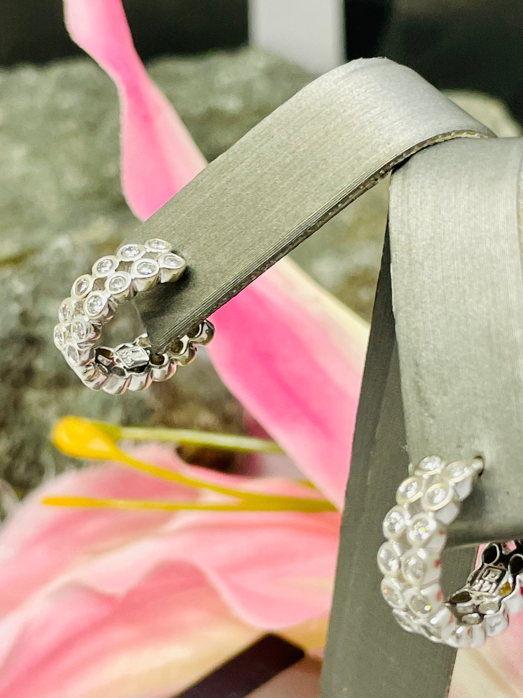 14K White Gold Diamond Huggies Earrings Bezel Set - Elite Fine Jewelers
