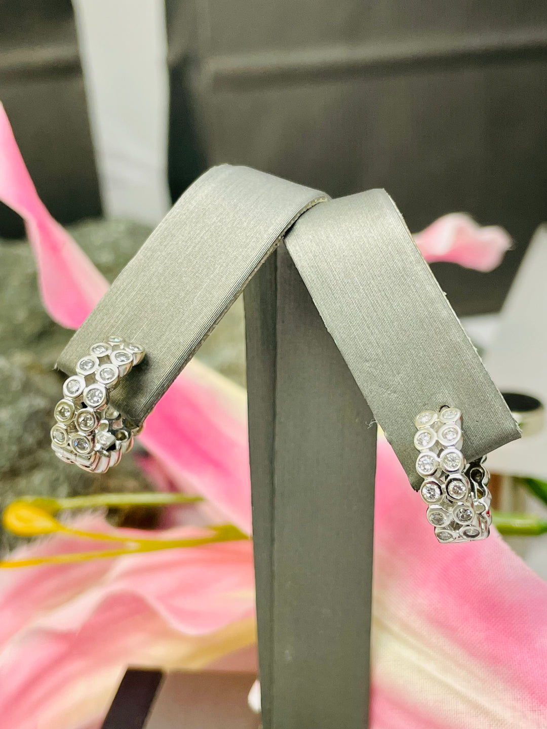 14K White Gold Diamond Huggies Earrings Bezel Set - Elite Fine Jewelers