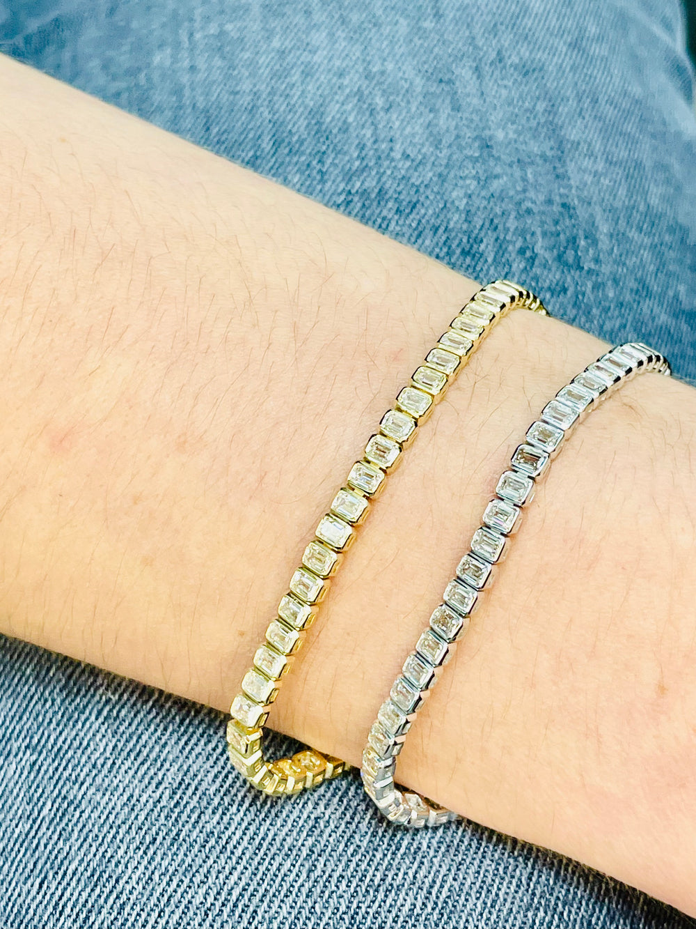 5.82ctw Emerald Cut Diamond Bezel-Set Tennis Bracelet in 14k Yellow Gold, on wrist