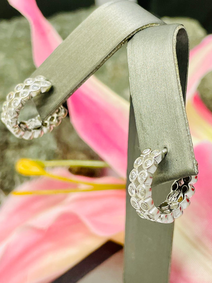 14K White Gold Diamond Huggies Earrings Bezel Set - Elite Fine Jewelers