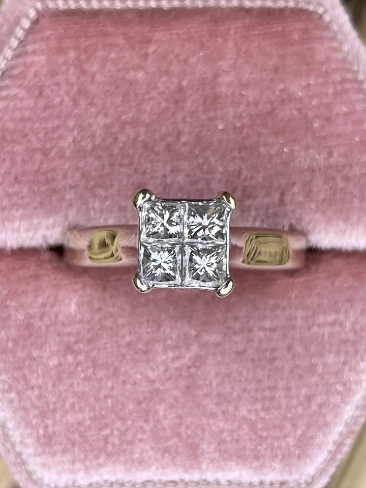 14k Yellow Gold Quad Princess Cut Diamond Engagement Ring
