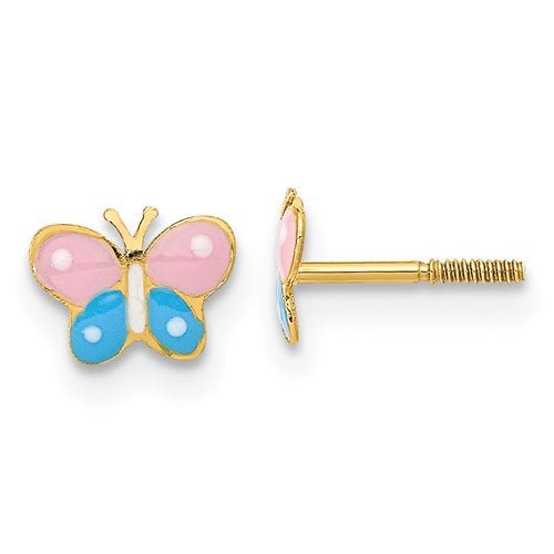 Kids 14K Yellow Gold Butterfly Screwback Blue and Pink Enameled Earrings - Elite Fine Jewelers