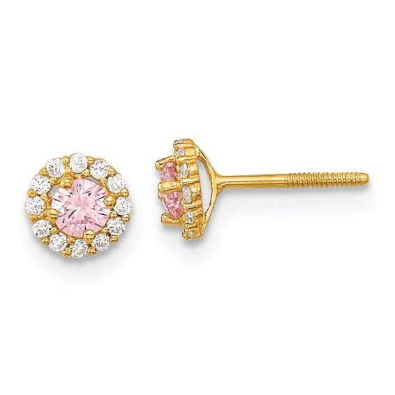 Kids 14K Yellow Gold Pink and Clear CZ Halo Screwback Earrings - Elite Fine Jewelers