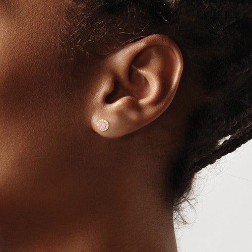 Kids 14K Yellow Gold Pink and Clear CZ Halo Screwback Earrings - Elite Fine Jewelers