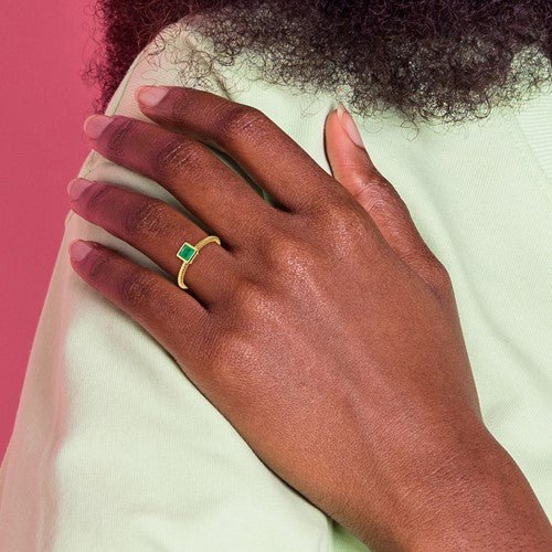 Princess Cut Emerald in 14K Yellow Gold Bezel Setting Ring, on hand - Elite Fine Jewelers