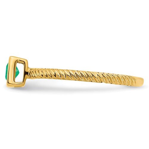 Princess Cut Emerald in 14K Yellow Gold Bezel Setting Ring, side view - Elite Fine Jewelers