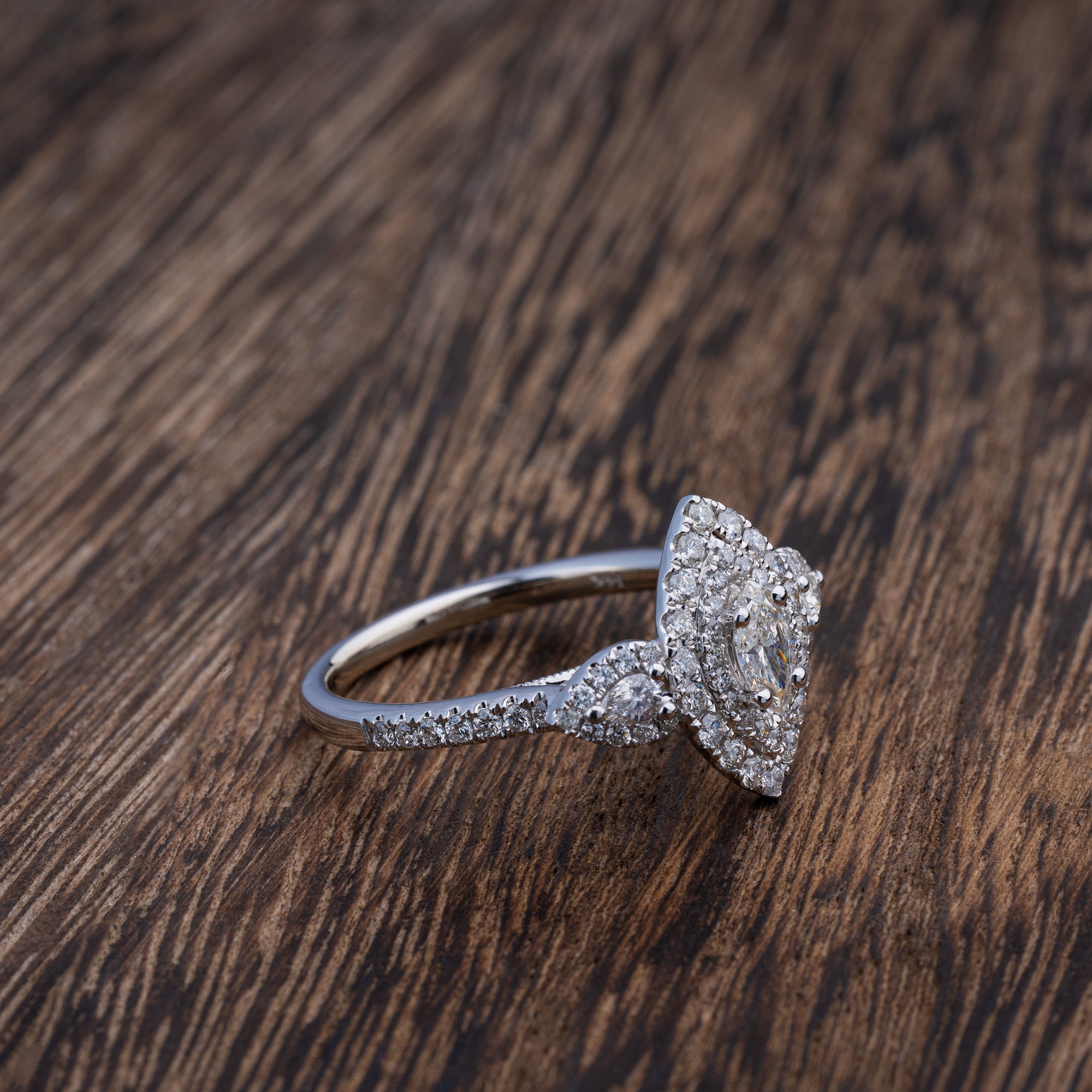 14K White Gold Diamond Split Shank Double Halo Pavé Engagement Ring