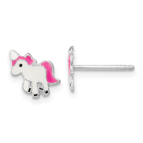 Sterling Silver Kids Pink Unicorn Enamel Earrings - Elite Fine Jewelers