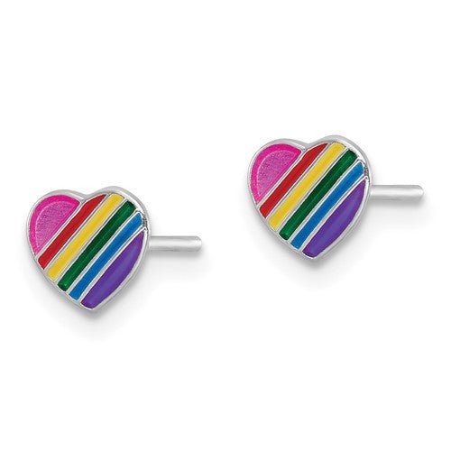 Sterling Silver Kids Rainbow Heart Enamel Earrings - Elite Fine Jewelers