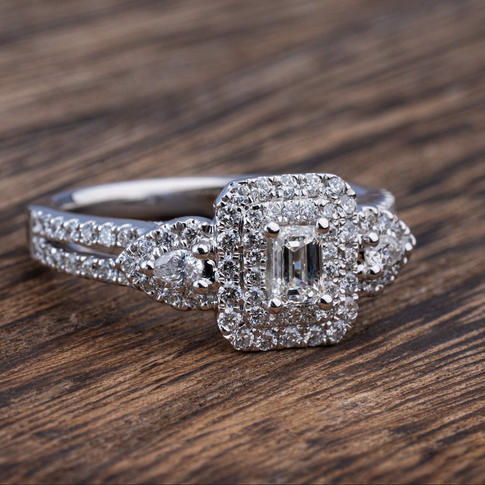 Emerald cut discount double halo ring